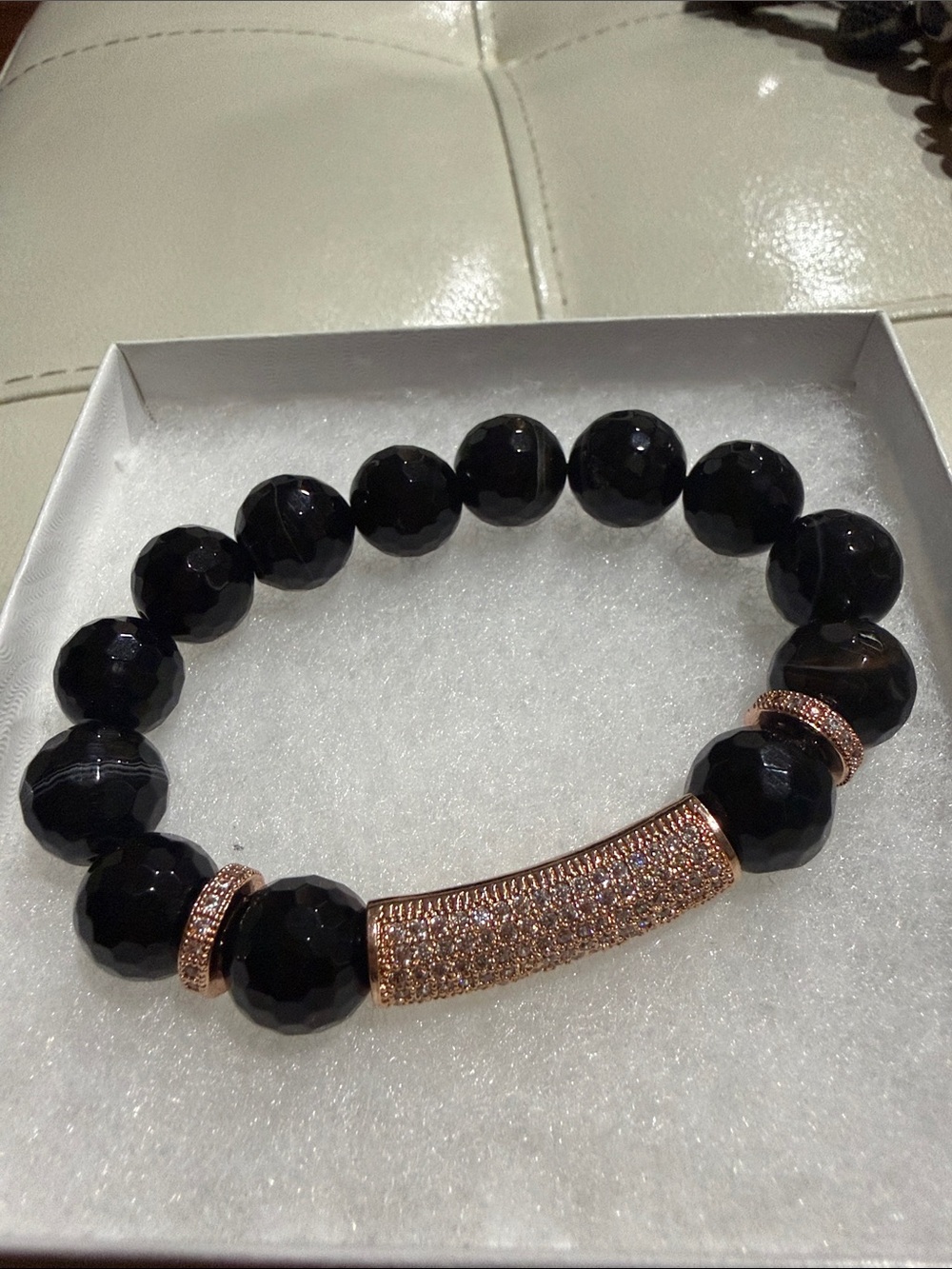 Black agate Beaded Bracelet with Rose Gold Pave Bar